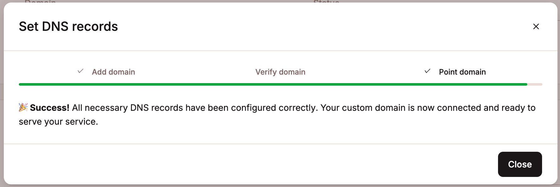 Success message after pointing the domain.